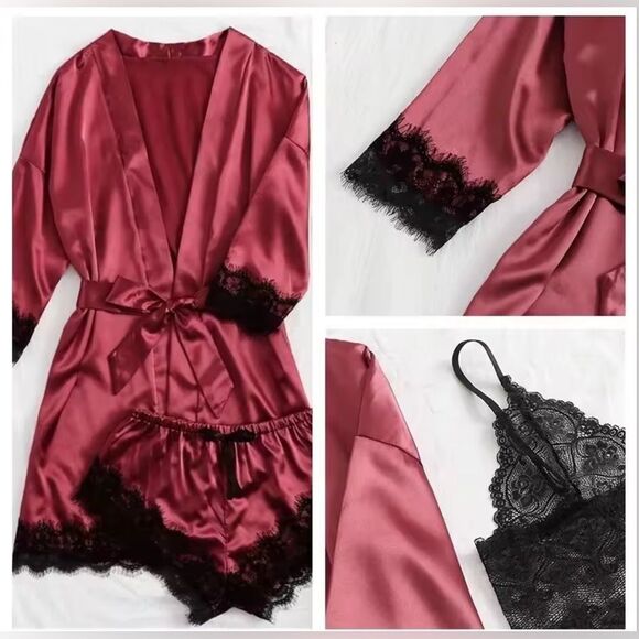 4 Pieces Set-  Woman Satin Lace Lingerie Set,Wine Red Nightwear - Picture 2 of 3